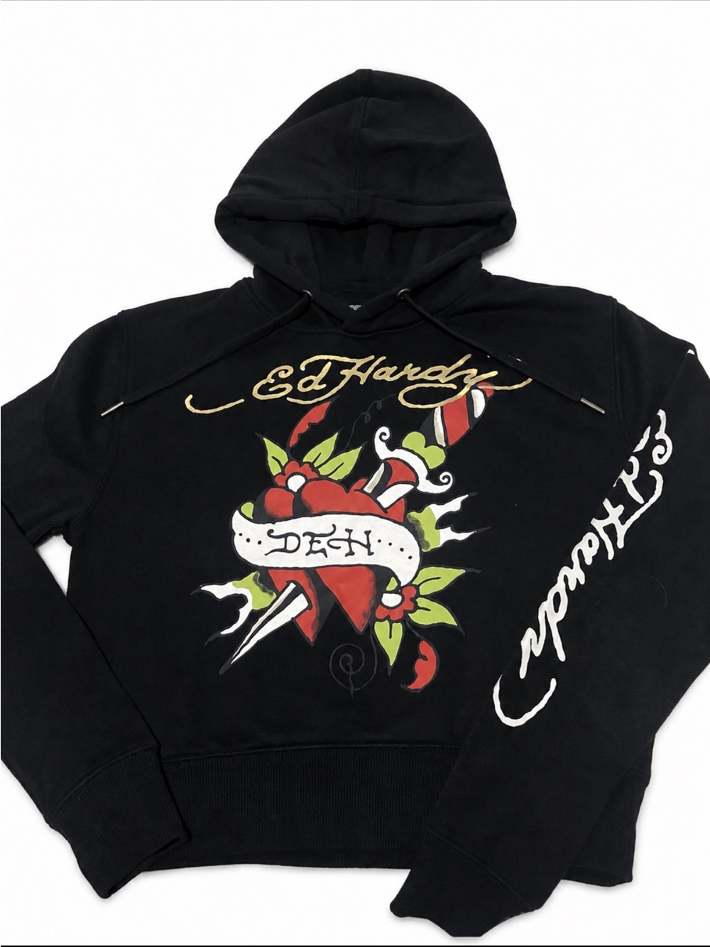 Ed Hardy Men's Black Graphic Hoodie - Heart & Dagger Design